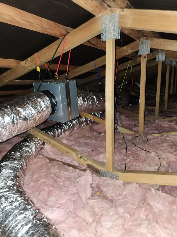 Insulated ducts running between roof trusses above pink ceiling insulation