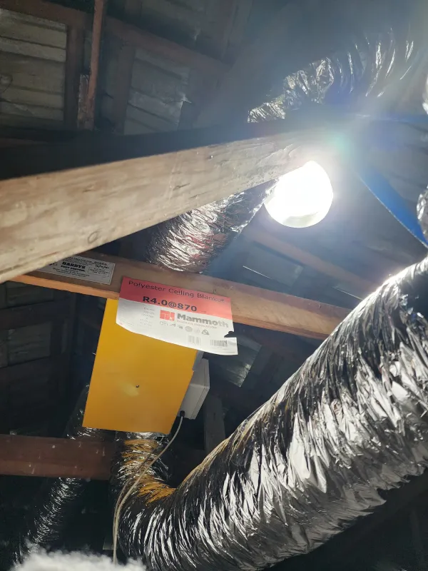 Inline fan unit connected to insulated ducting in a roof space