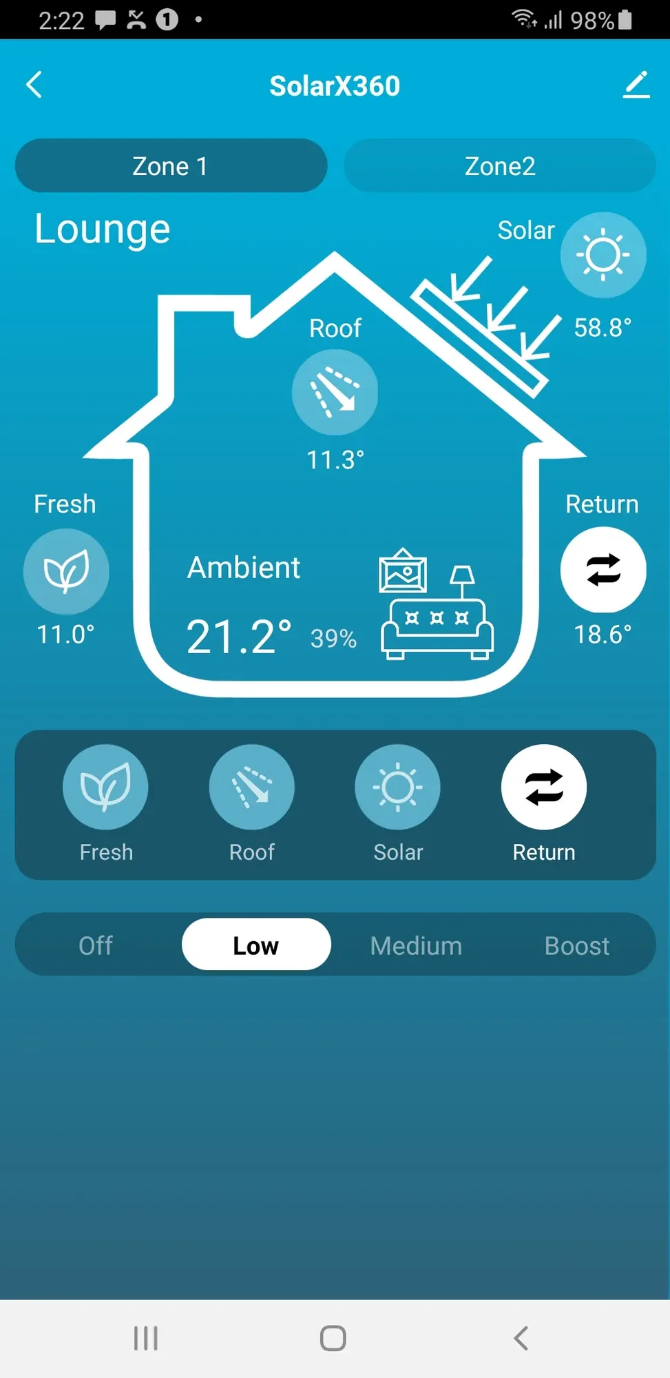 Phone screen showing live solar air heating temperature readings for another zone